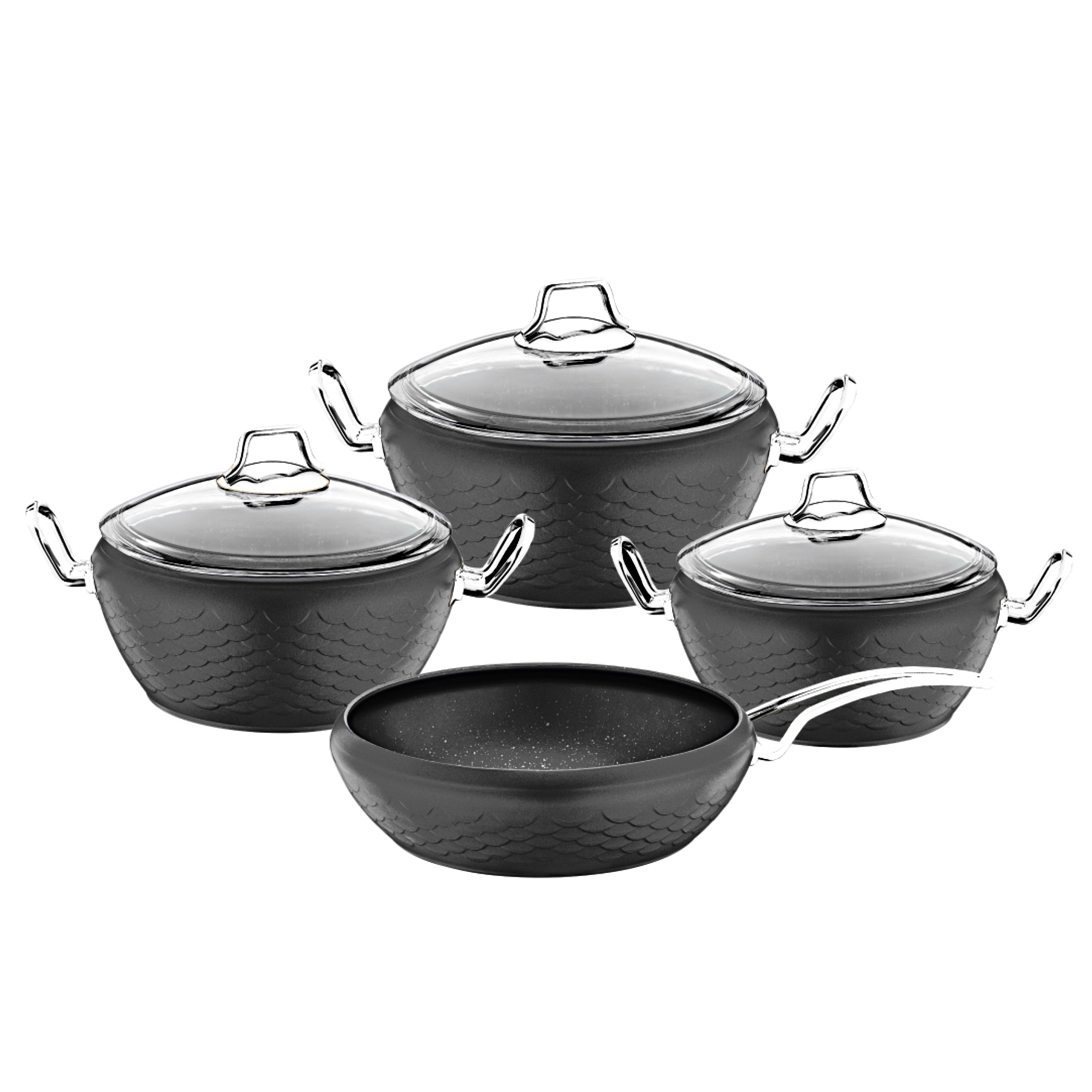 MERMAID SETS Bio Granit, Tencere, Tava, Çeyiz Seti - Antrasit Renk, Platin Detay